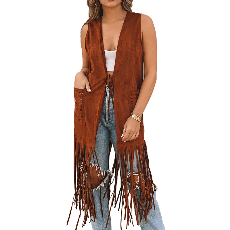Dear-Lover OEM ODM Private Label Western Clothing Cowgirl Faux Fringed Sleeveless Long Cardigan Mujer