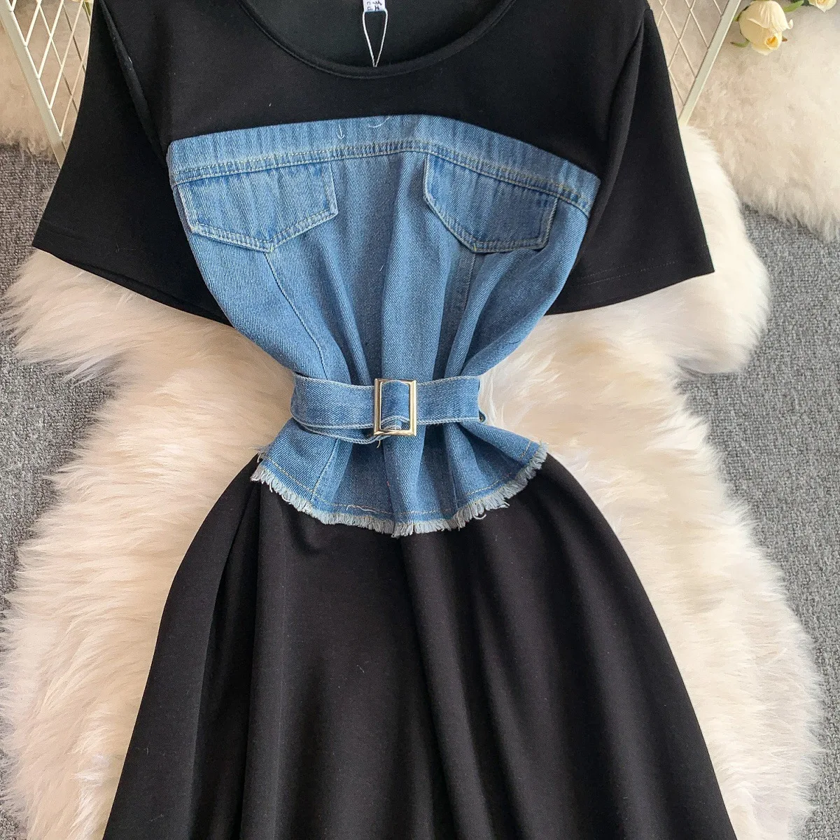 Denim Patchwork Knitted Short Sleeve Summer Anti-static High Waist Slimming Mid-length Skirt Dress for Women manufacture