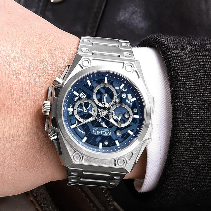 Fast Selling MEGIR 4220G Trendy Alta Qualidade Novo Design Personalizado Logo Chic Multifunções Quartz Watch Men Stainless Steel Band