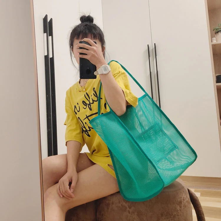 Multiple Lightweight Pockets High Quality Foldable Black Mesh Beach Bag Summer Swimming Beach Tote Bag for Vacation details