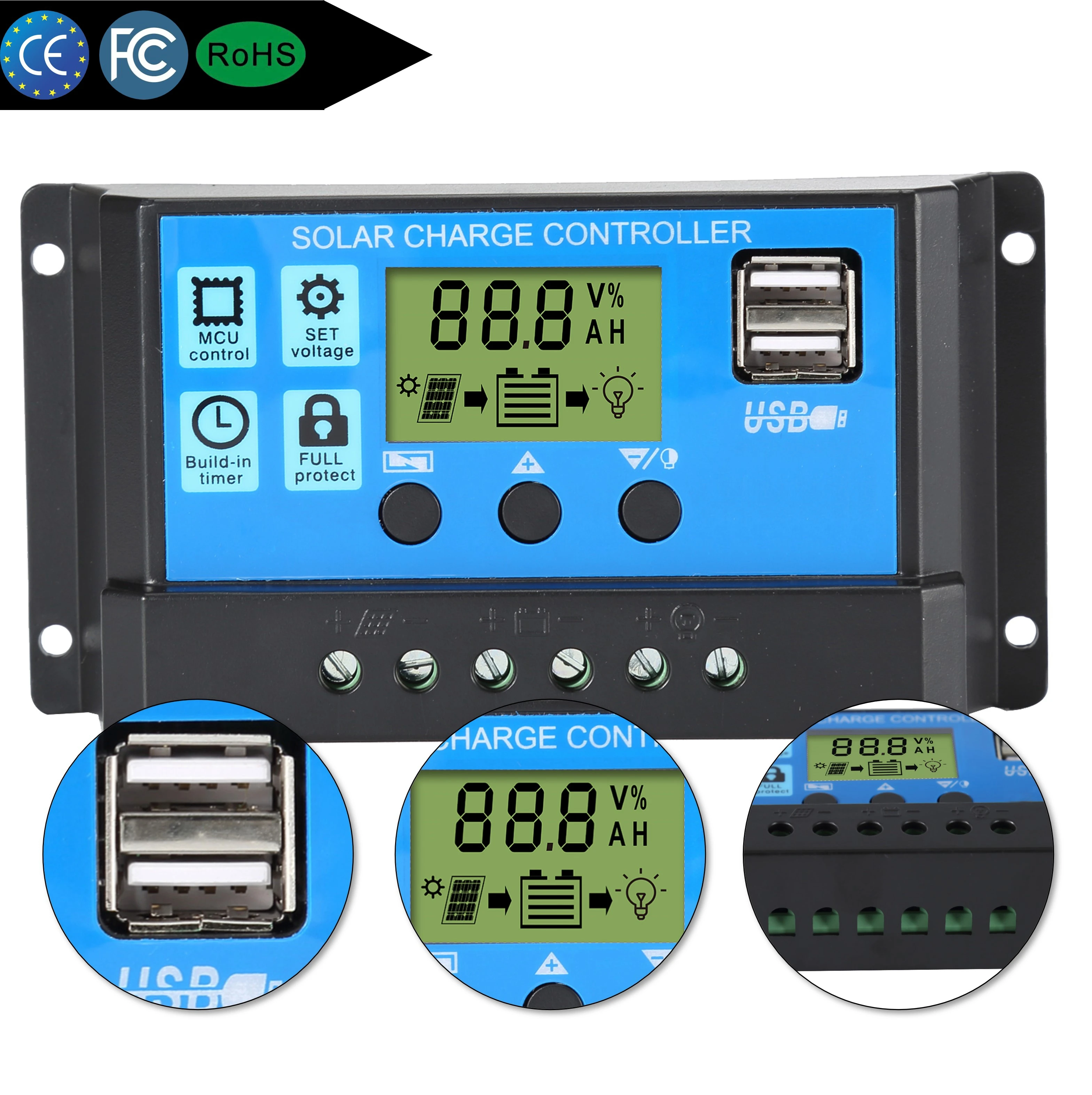 10A 20A 30A LCD Solar Charge Controller 12V/24V Battery Regulator with Dual USB 