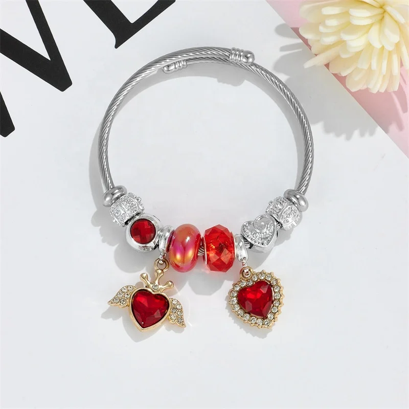 New High quality silver plated stainless steel crystal angel charm bracelet large hole beads heart pendant bracelet for girls
