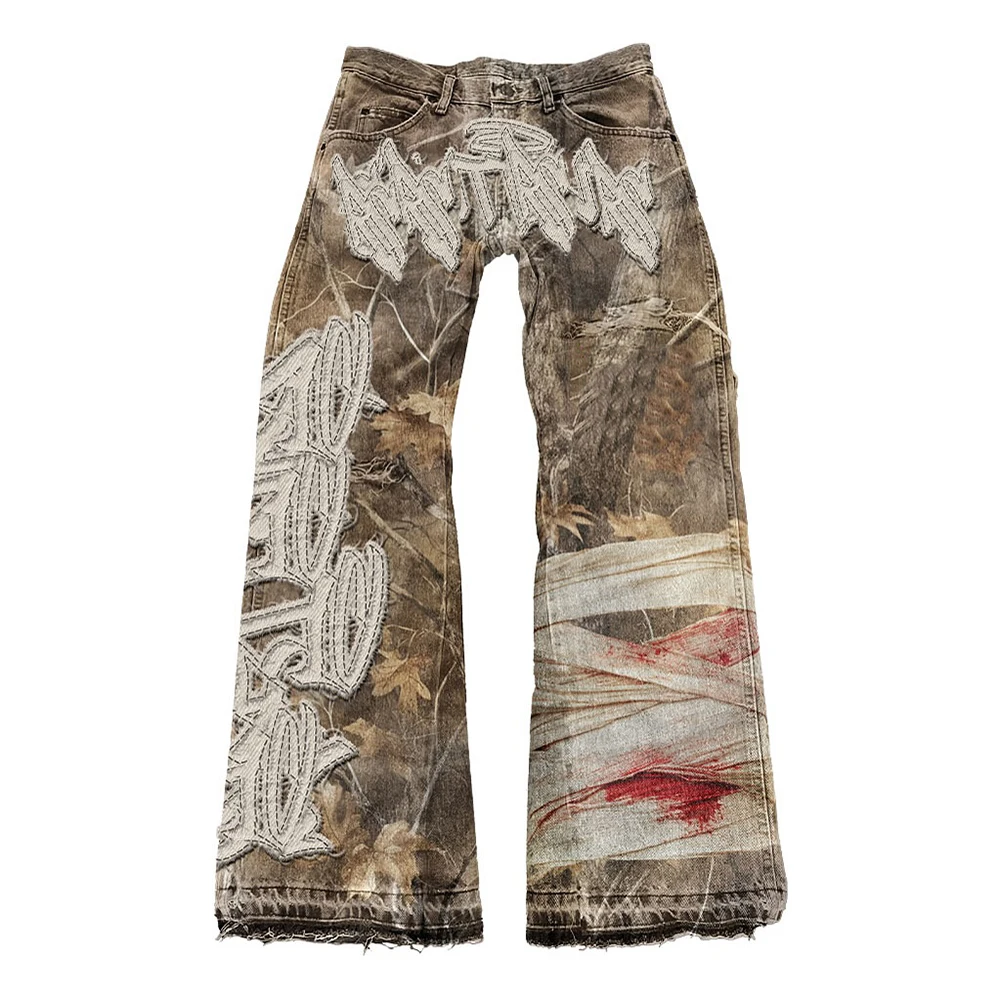 Manufacturer Custom Embroidery Patch logo Distressed Camouflage Camo Denim Canvas Jacket and Cargo Pants for Men manufacture