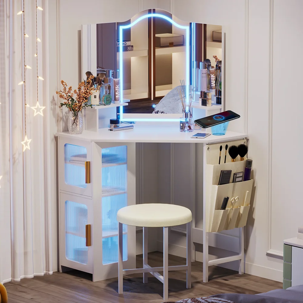 Modern Nordic Style Vanity Desk with Lighted Mirror MDF Wood Makeup Table with Storage for Bedroom Hotel or Dressing Room details