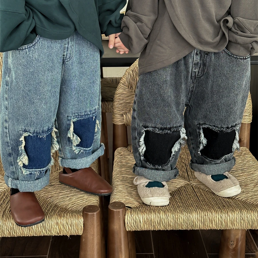 2023 children's new autumn cotton jeans patch pants baby straight pants