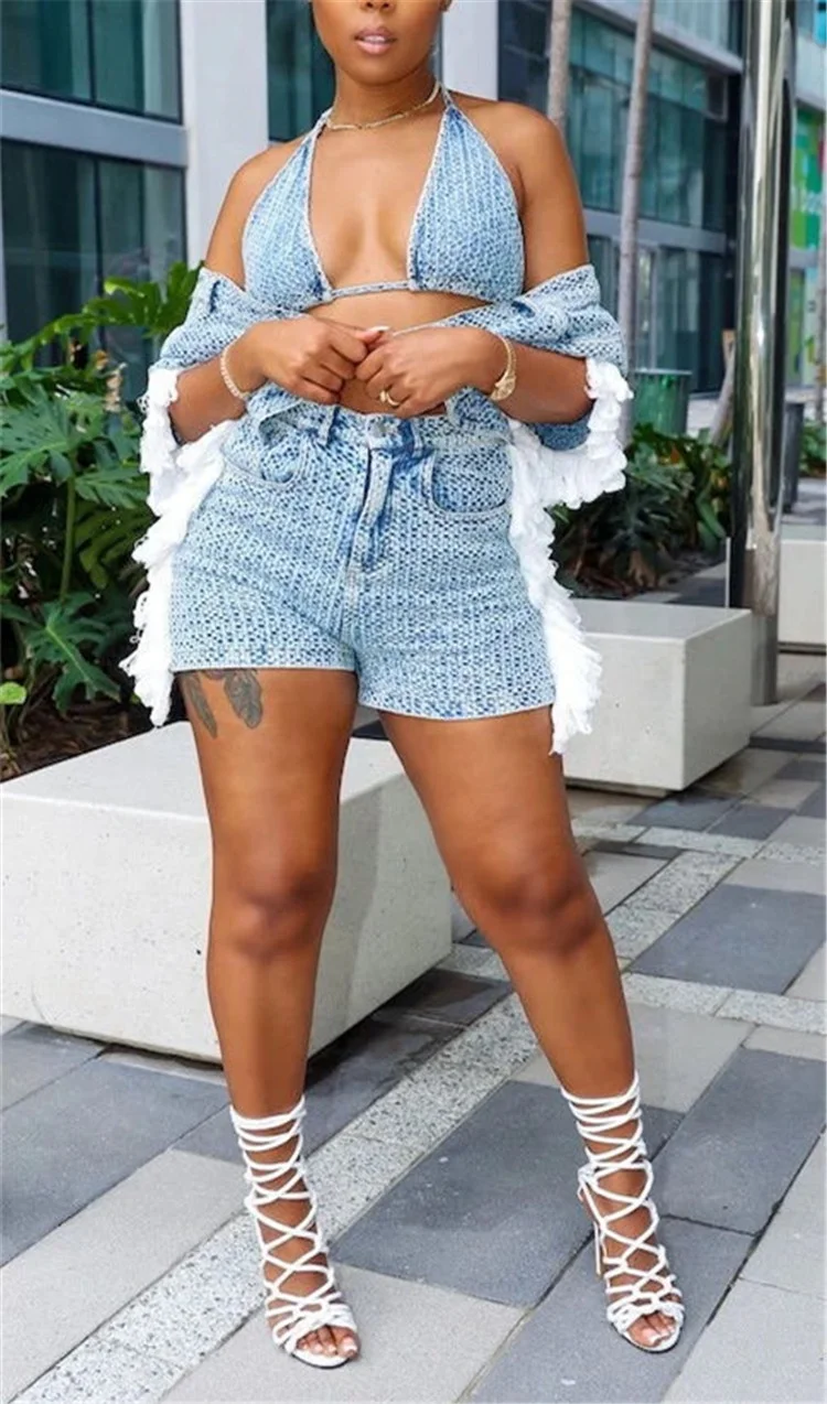 Tassel Jeans 3 Piece Sets Women Lace Up Bra Turn Down Collar Short Sleeve Single Button Jacket Crop Top Shorts Summer Denim Suit