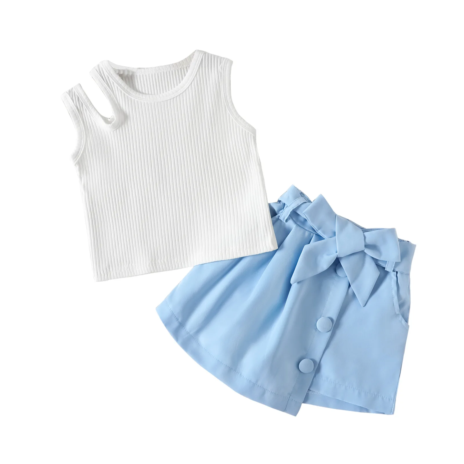 Korean style toddler baby girls 2pcs clothing sets summer girl's irregular off shoulder tank top shorts kids outfits