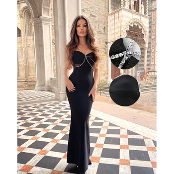 2022 new stylish v neck sleeveless diamond avond jurk Black mesh dresses women party Long gowns for women luxury Evening Dress