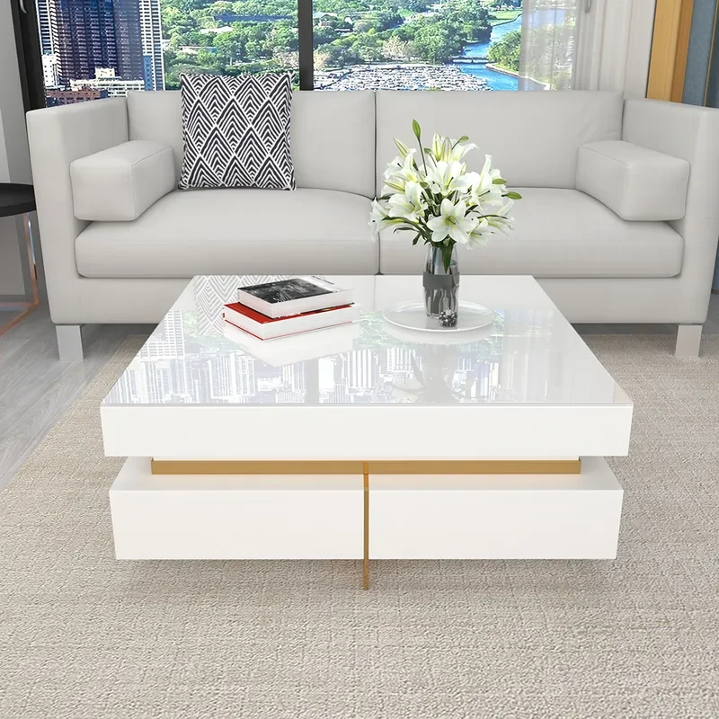 White modern square coffee table with drawers tempered glass top and metal legs with storage space