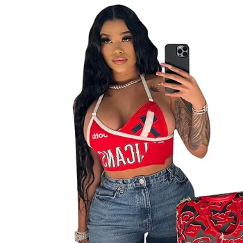 2022 Summer Red Streetwear Contrast Color Patchwork Backless Women's Letter Halter Neck Sexy Bustier Crop Top