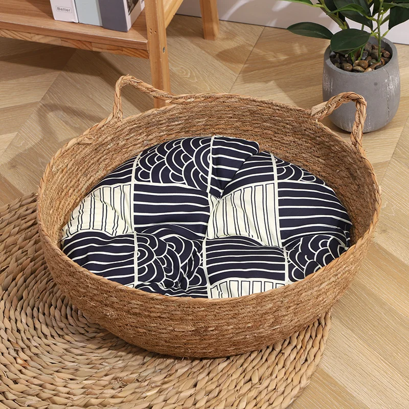 HUAYI  Four seasons  cotton and grass woven pet baskets for pet accessories handwoven  grass Weaving Cat Bed with Cushions