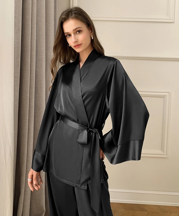 2023 Two-piece Pj Sets Long Sleeve Pajamas 2 Piece Set Turn-down Collar Custom Silk Satin Women Pajamas Set Sleepwear