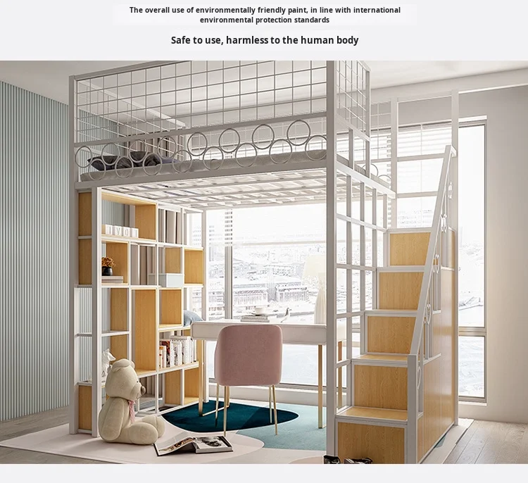 product nordic modern loft bed with desk simple metal duplex elevated loft bed iron art multifunctional space saving bed for living room-3