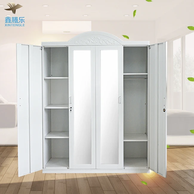 Guangzhou Foshan Factory's 4-Door Steel Wardrobe Mirror Kids Children's Bedroom Furniture Cute Pattern Cloth Baby Cheap Lemari