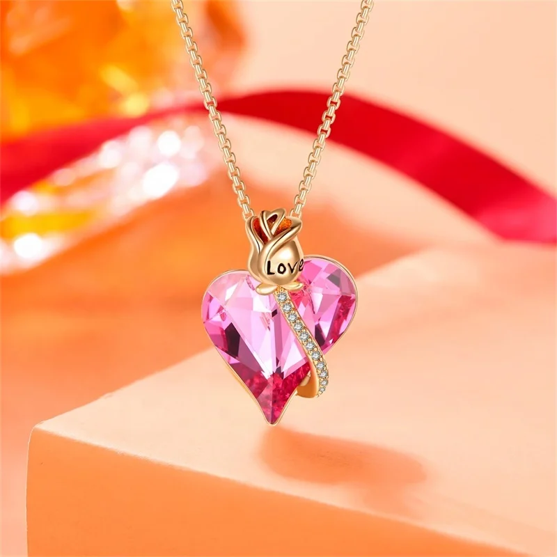New Trendy Women Party Love Heart Shaped Gemstone Austrian Crystal Necklace