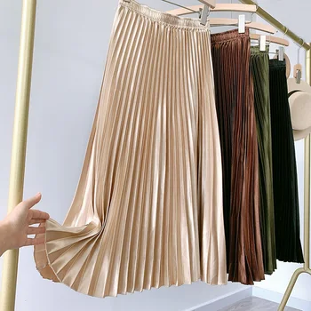80CM Silky Gothic Metallic Black Pleated Long Skirt High Waisted A Line Satin Skirts Womens Korean Style 2022 New Summer 10%