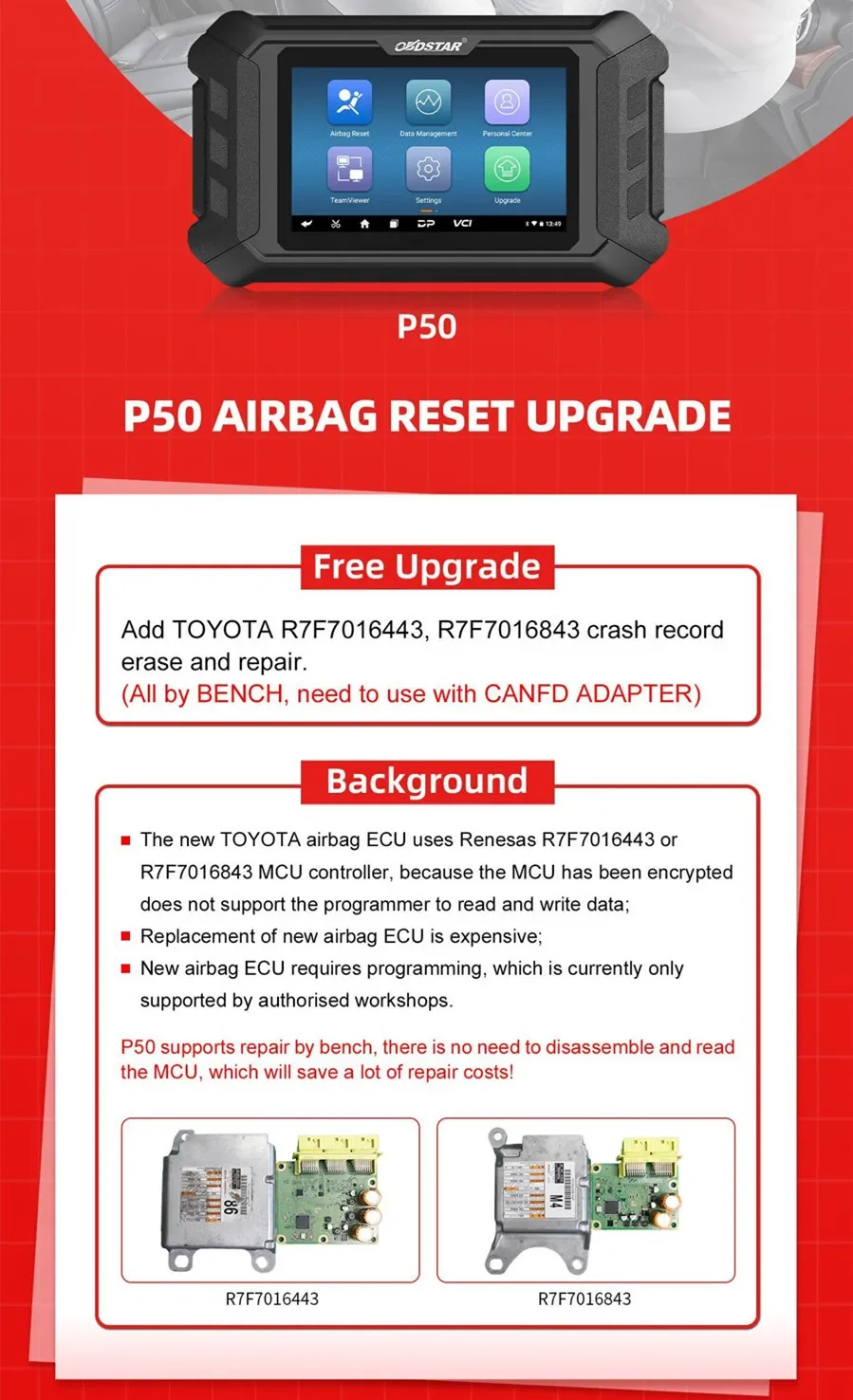 thumbnail image 2 of OBDSTAR P50 Airbag Reset Tool – Works On 94 Car Brands, 13,900+ ECU Part Numbers 2 of 5