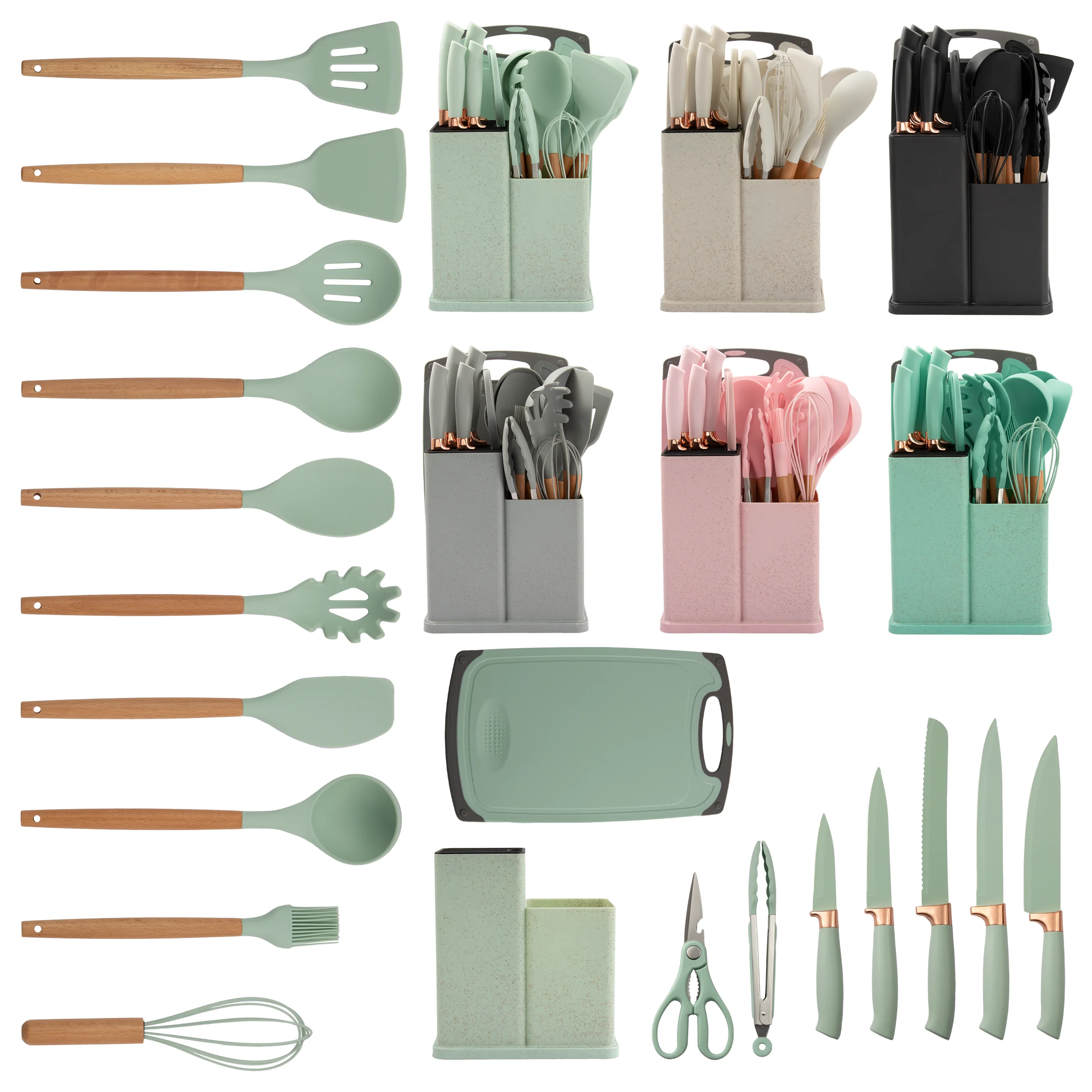 Wholesale Thick 19 Pcs set silicone kitchenware accessories cooking tools set spatula stirring kitchen utensils Wooden Handle