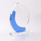 Craft Glass Sublimation Customized Souvenir Craft Logo Blue Color Engrave Glass Plaque Glass Crystal Award Trophy