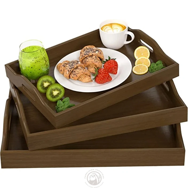 3 Pack Serving Tray,Large Bamboo Serving Tray with Handles Wood Serving Tray Set for Coffee,Food,Breakfast,Dinner