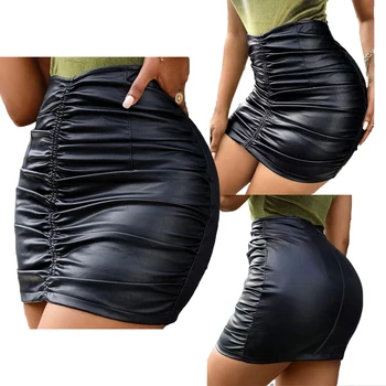 2021 Pu Leather Skirt Sexy Black Split Mini Skirts Women High Waist Skirt Ladies Casual Office Summer New