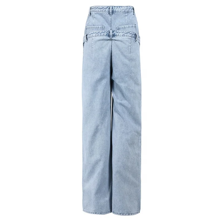 2023 Chic Wide Leg Jeans Women Fashion Fake Two Piece Design Patchwork High Waist Denim Pants