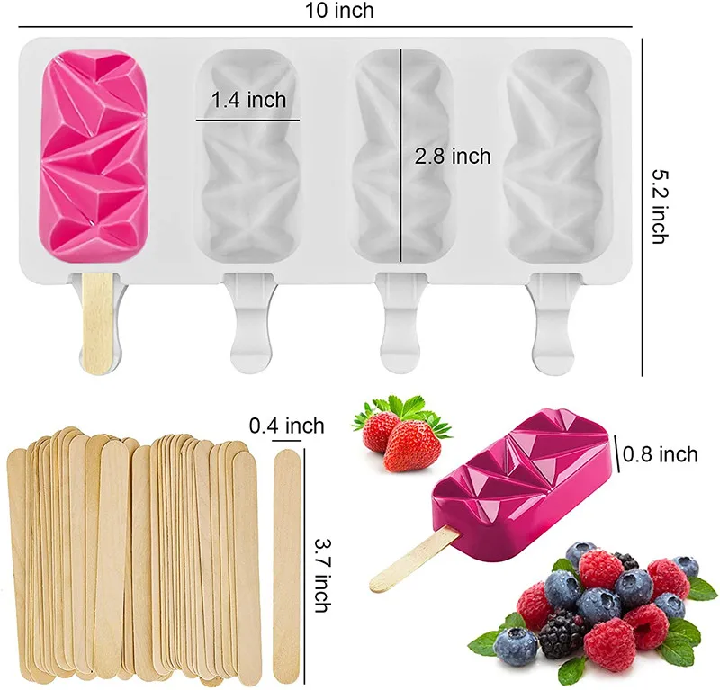 OEM & ODM Silicone Ice Molds Customized 4 Cavities Upgraded Ice Mould Homemade for DIY Ice Cubes with 50 Wooden Sticks Wholesale