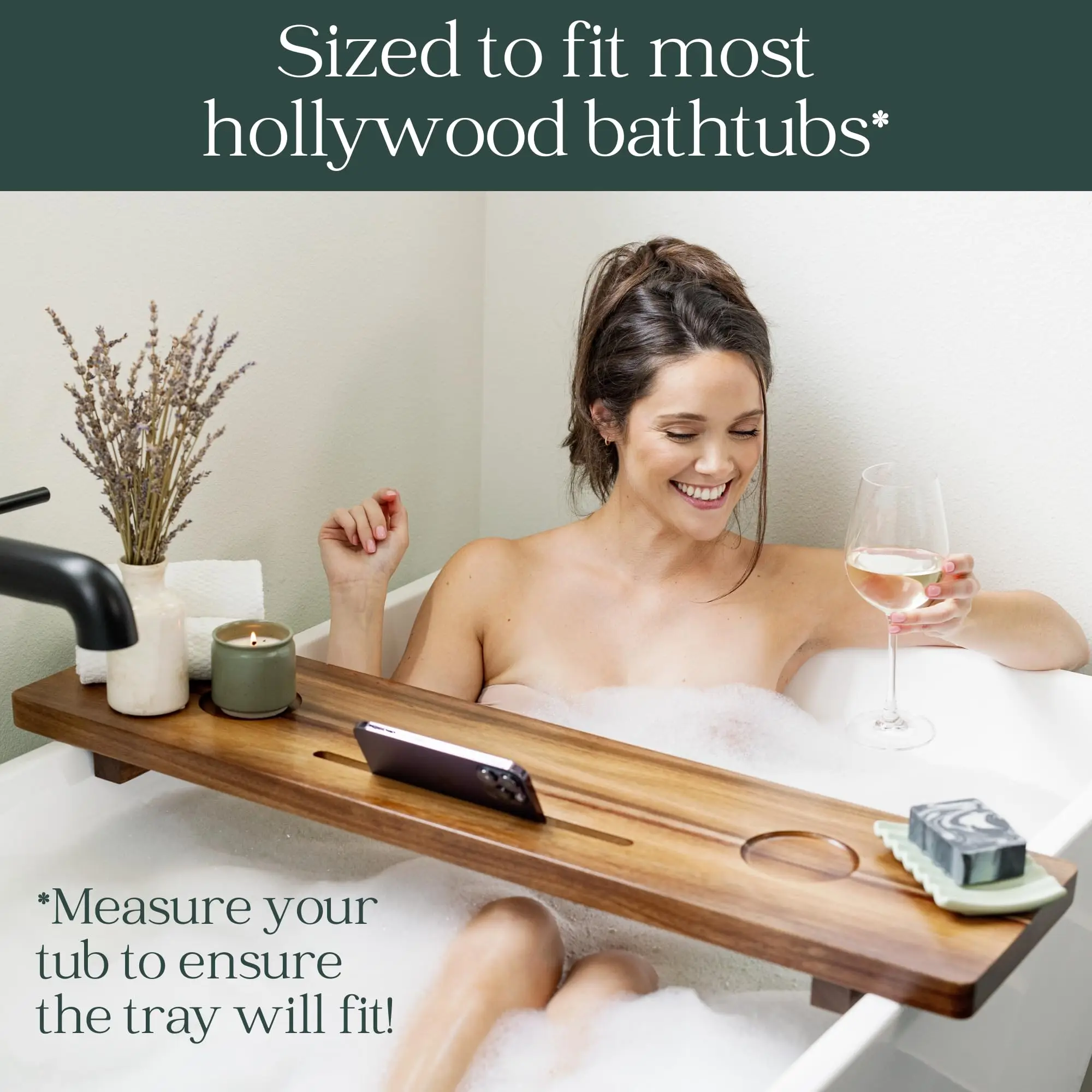 product premium acacia wood eco friendly traditional two piece lacquer finish bathtub caddy organizer serving tray fits all bath tubs-9