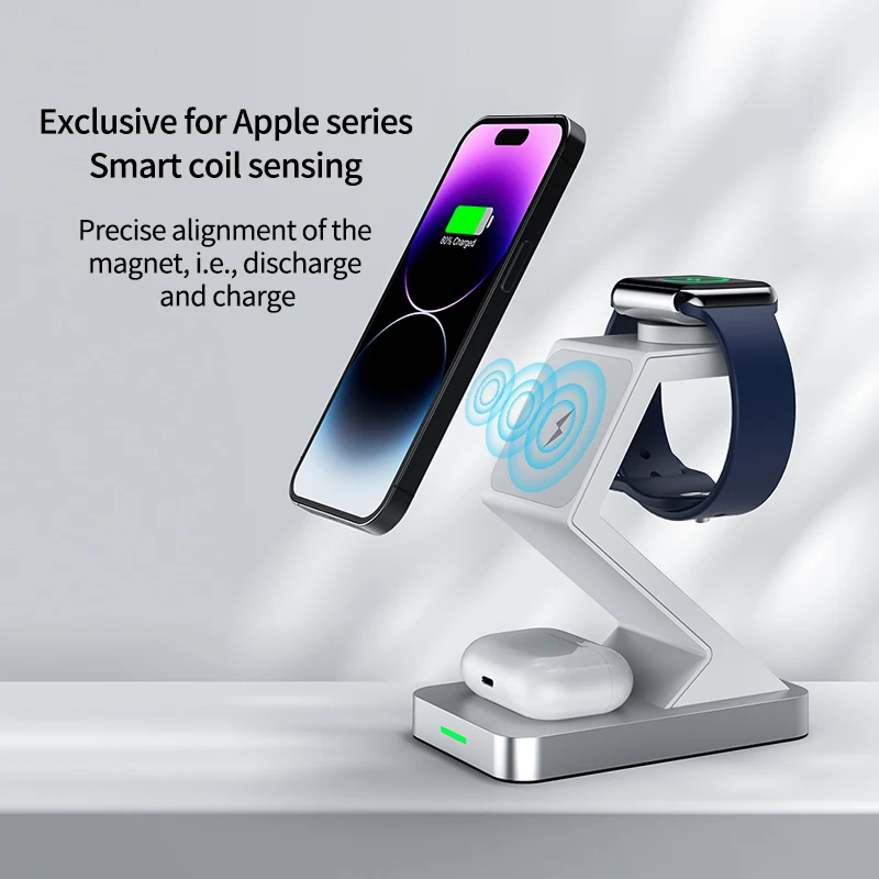 Desktop 3-in-1 QI 15W Wireless Magnetic Fast Charging Station Wireless Charger for Apple Devices for iPhone Watch Airpods
