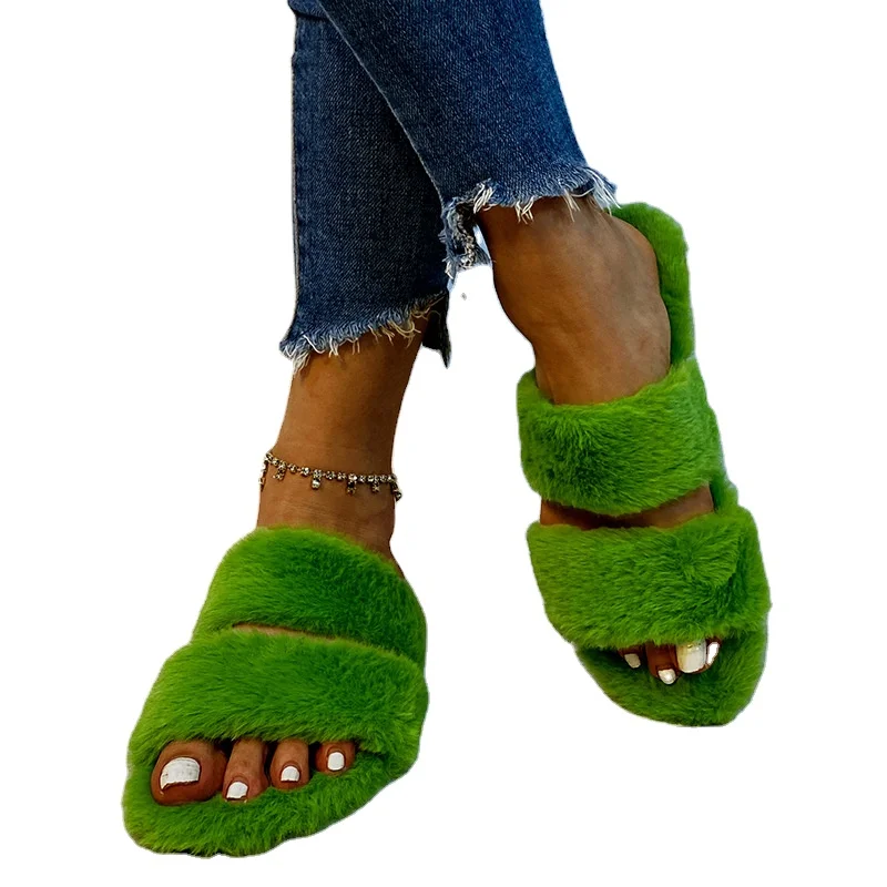2021 summer fashion womens ladies faux fur comfort casual furry eva teddy bear flat slippers sandals shoes wholesale vendor