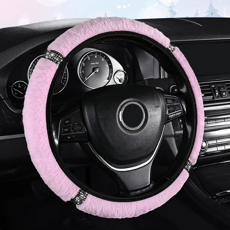 Elastic Steering Wheel Cover  made with Soft Plush and Rhinestone  Stretch Steering Wheel Cover Universal fit for 15 inch rings