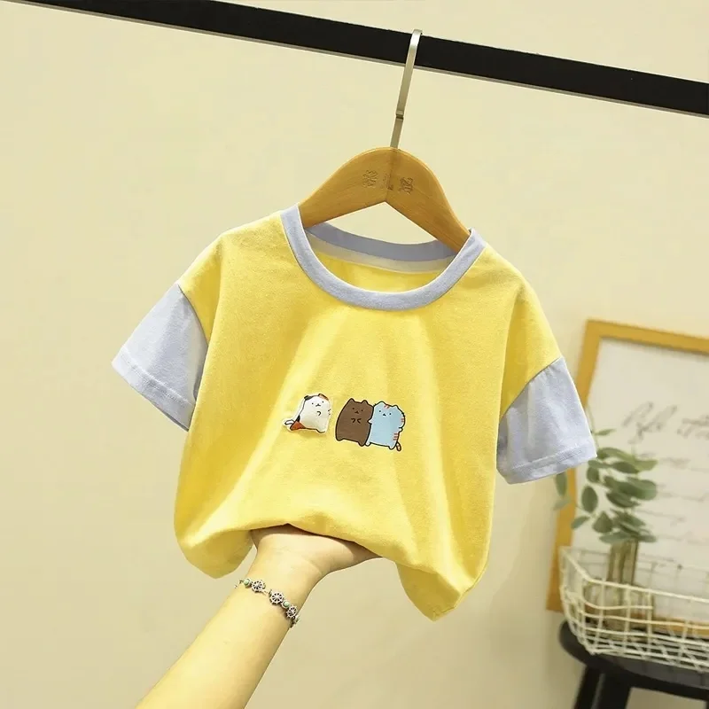 stylish cute cartoon animal contrast color short sleeved top 2019 summer kids clothing printing t-shirt for boy