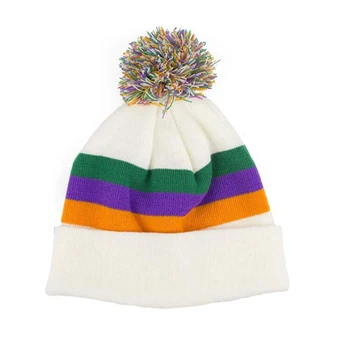 Mardi Gras Unisex Knitted Beanie Cap Slouchy Knit Hat with Fuzzy ball