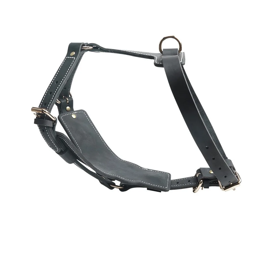 Adjustable Black Cowhide Pet Harness Leather Durable Dog Leash Collar For Large Dogs