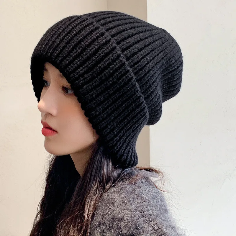 Fashion Women Men Oversized Knitted Winter Hat Large Head Circumference Solid Color Stripped Slouchy