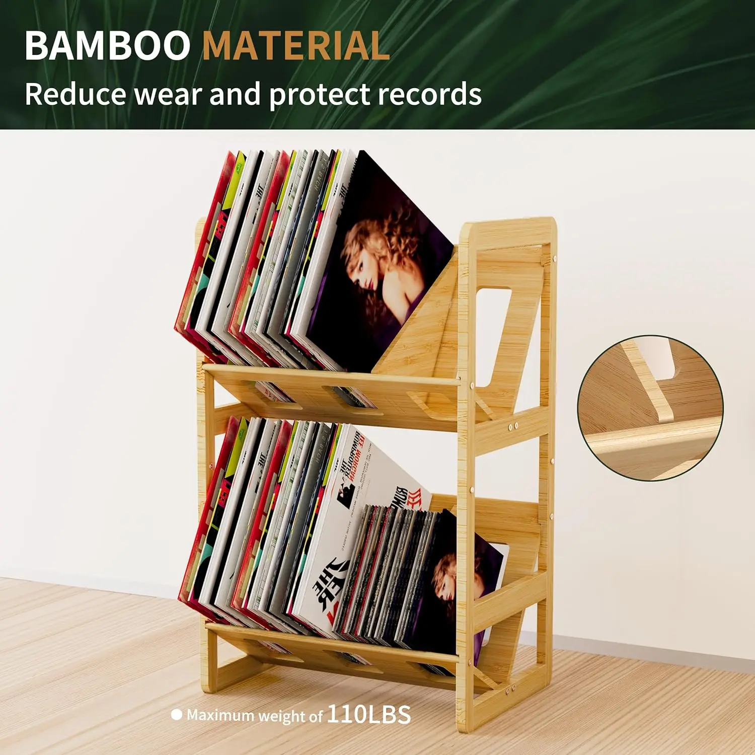 product 2 tier bamboo record stand shelf with dividers vinyl record storage holder and display rack for book bathroom organizer-1