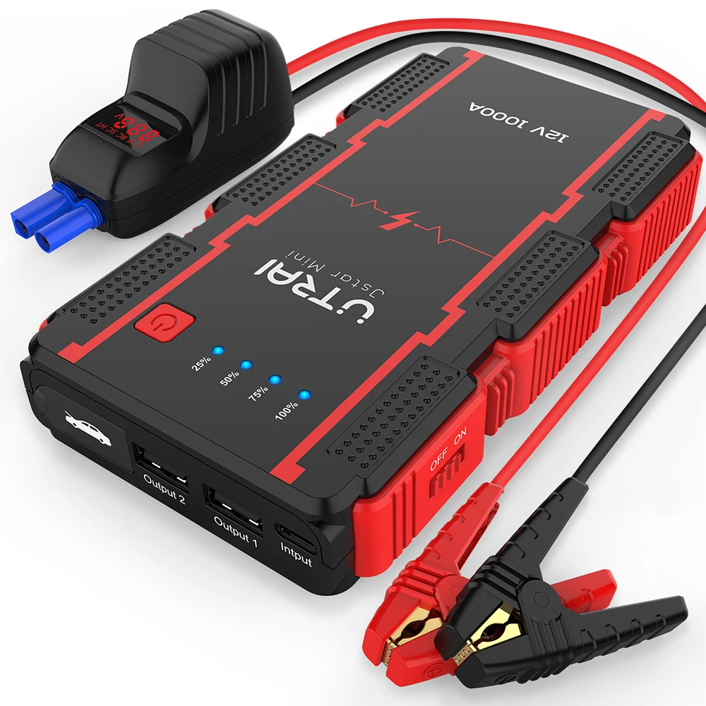 MoKo 1000A Peak Car Jump Starter Black & Red 19800mAh 12V Auto Emergency Booster Portable Power Bank External Battery Pack with 2 USB Ports and LED Flashlight 8L Gas and 5L Diesel Engine 
