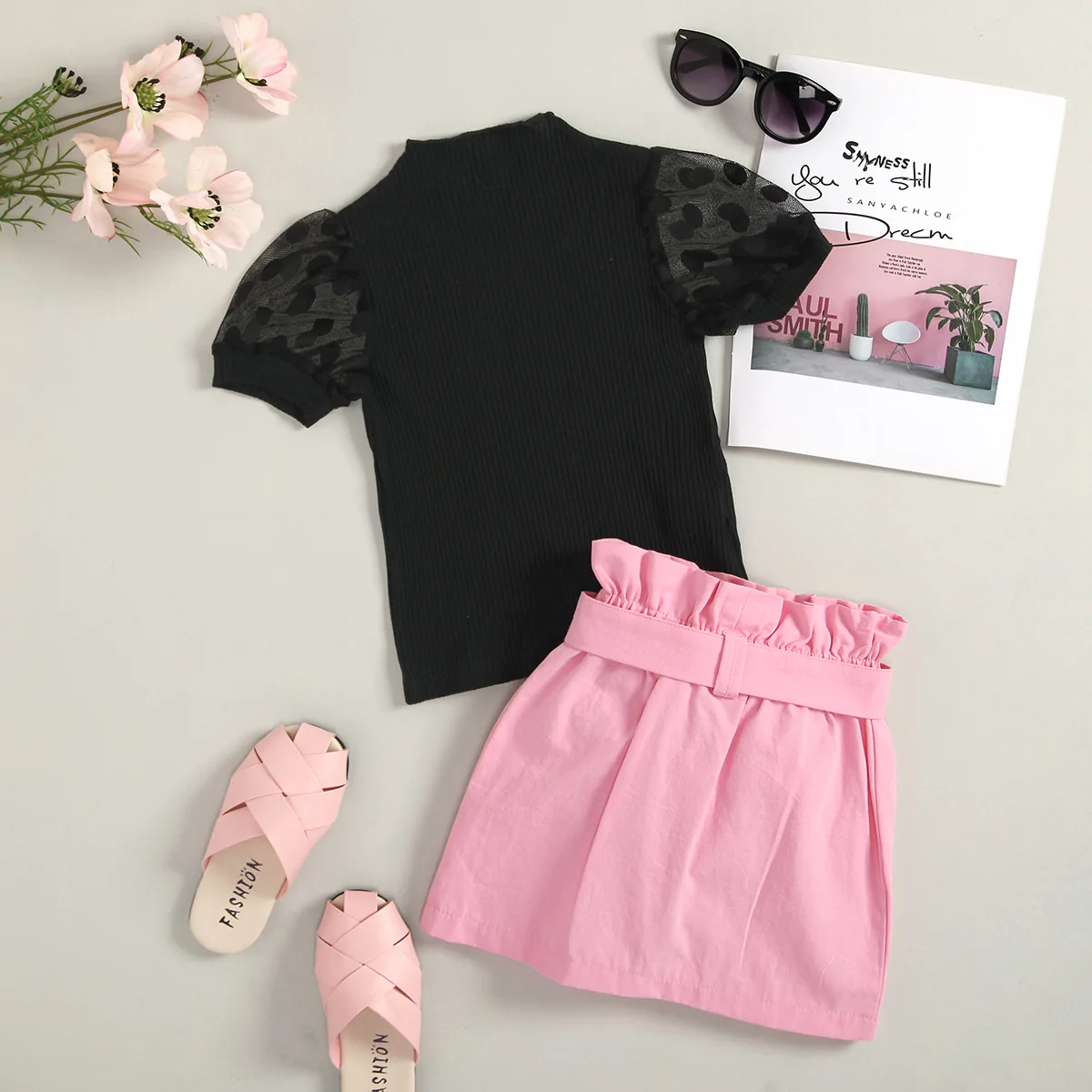 2023 summer little girls clothes sets knitted short-sleeve tops+pink pocket skirt two-piece fashion outfits for girls