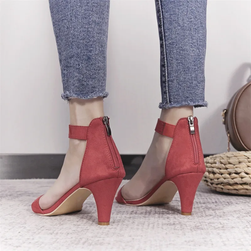 35-43 Large size women's sandals English style suede  print high heels Flat back zippered bag with slim heel sandals