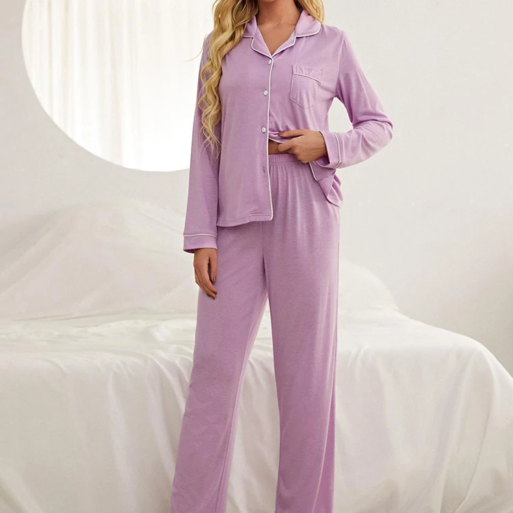Solid Color Women Plain Pajamas Outdoor Breathable Loose Turn Down Collar Pajamas Sets