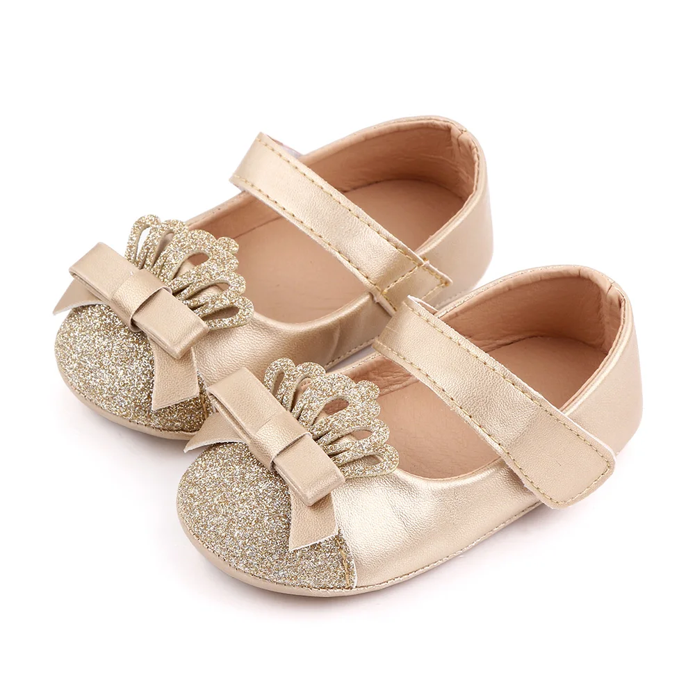 Shiny Solid Color Glitter Crown Bow Decorated Infants Princess Shoes for Baby Girls manufacture