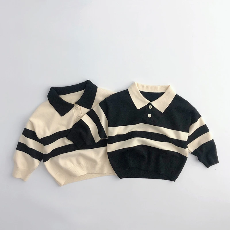INS Popular Children Spring Autumn Sweater Pullover Clothes Polo Neck Striped Unisex Toddler Boys Girls Sweater Pullovers