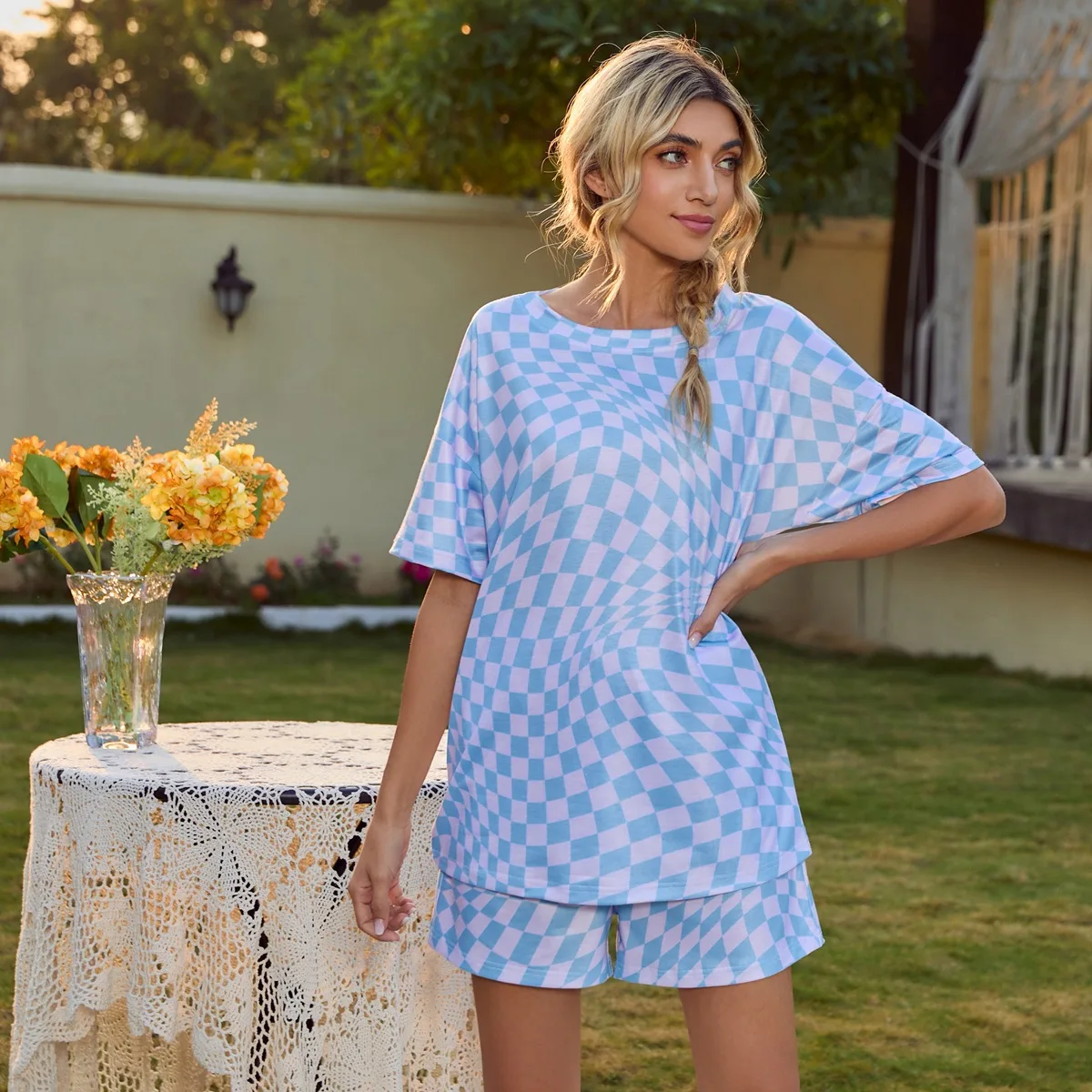 Wholesale custom summer blue grid plus size women's sleepwear pajamas for women set
