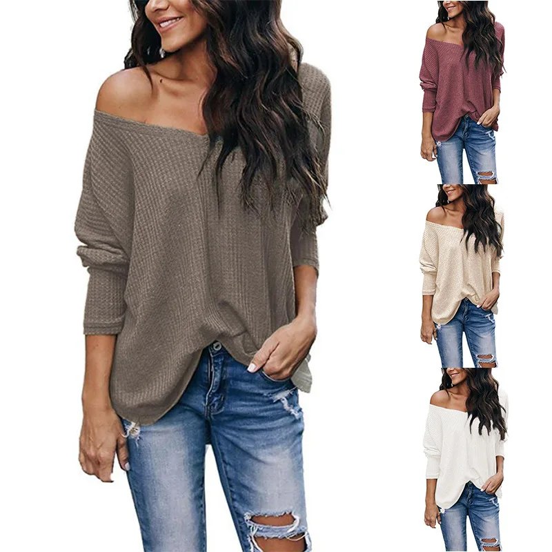 ReachMe Women's Oversized Off Shoulder Pullover Tops Long Sleeve Loose Fit Waffle Knit Tops 
