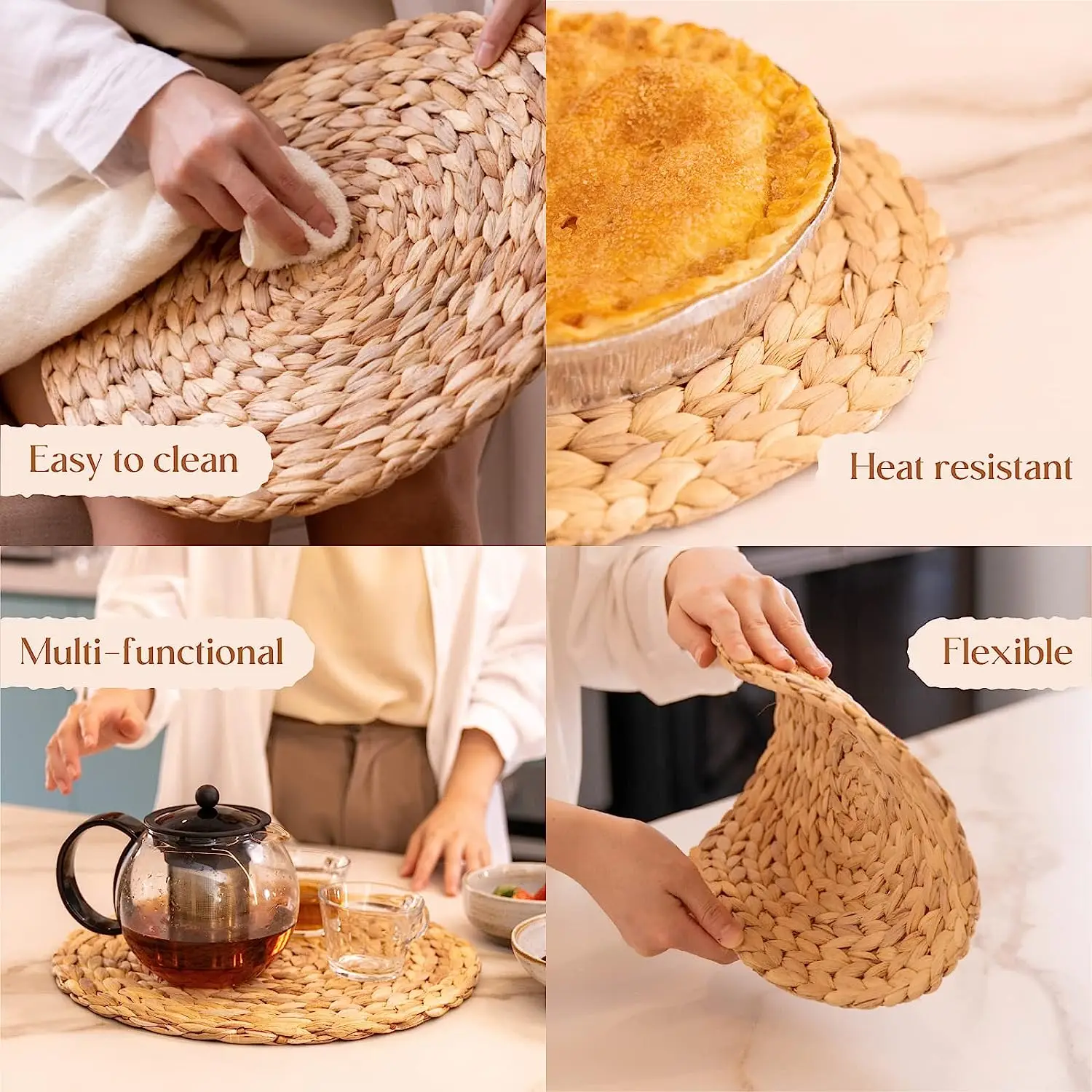 Round Woven Placemats Natural Water Hyacinth Braided Straw Table Mats for Dining Table