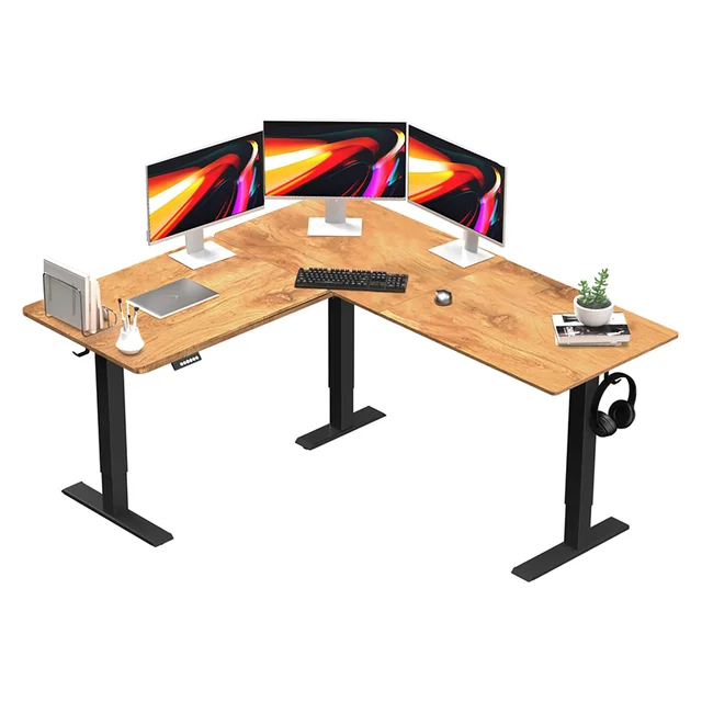 Manufacturer L-Shaped Automatic Standing Desk With Ambient Led Sit Stand Computer L Desk for Gaming Office