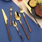 Cutlery Set Luxury Mirror Polished Wood Grain Handle Cutlery Set Clamping Handle Flatware Set 5 Pieces Set