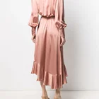 Dress Low 2021 Small MOQ Plain Color Silk Midi Wrap Evening Dress Retro Collar Deep Neck High Low Frills Hem Party Dress