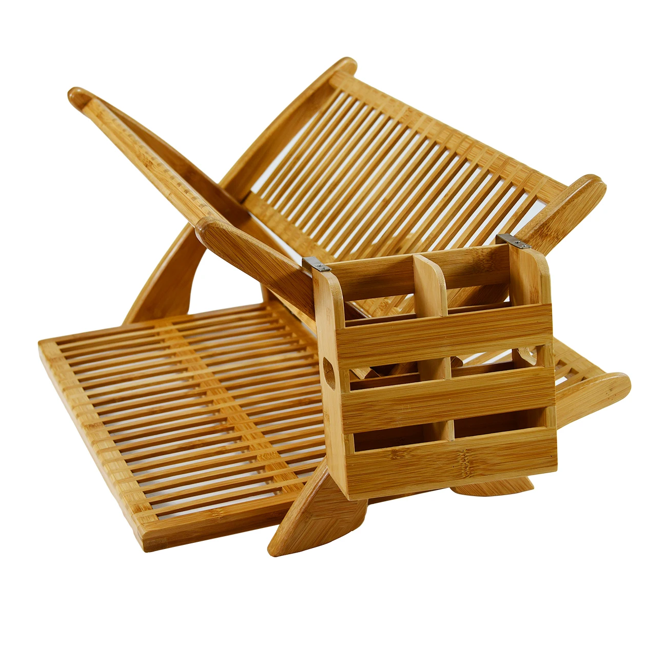 Eco Friendly Large Kitchen Counter 2-Tier Collapsible Bamboo Dish Drying Rack with Utensils Holder