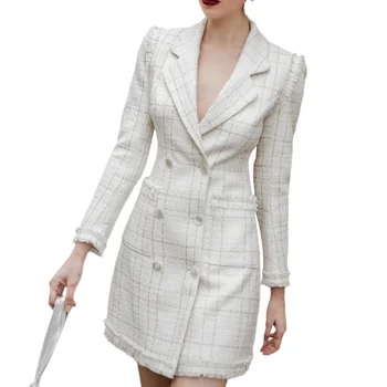 custom 2022 trend lady fashion vintage elegant winter luxury long sleeve v neck plaid white blazer mini clothes dress for women
